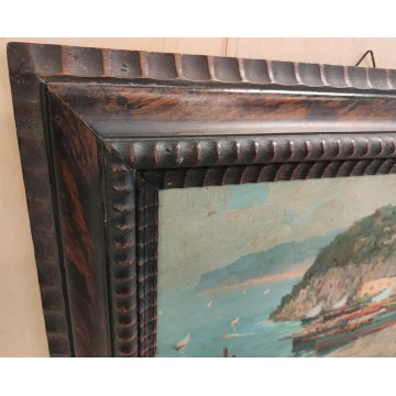 ANTICO QUADRO olio tavola DIPINTO R. Caiazzo MARINA PAESAGGIO golfo BARCHE VELA