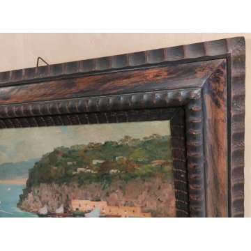 ANTICO QUADRO olio tavola DIPINTO R. Caiazzo MARINA PAESAGGIO golfo BARCHE VELA