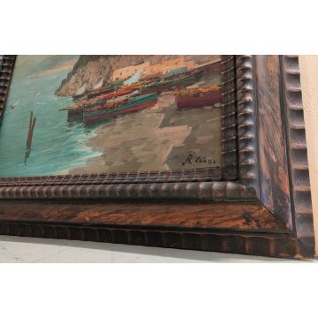 ANTICO QUADRO olio tavola DIPINTO R. Caiazzo MARINA PAESAGGIO golfo BARCHE VELA