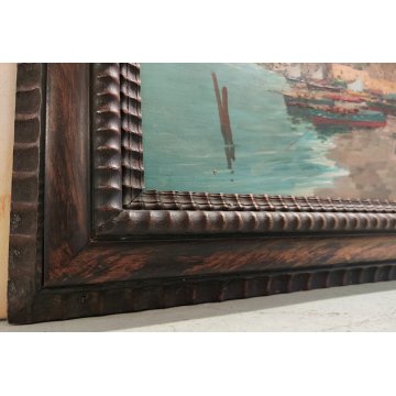 ANTICO QUADRO olio tavola DIPINTO R. Caiazzo MARINA PAESAGGIO golfo BARCHE VELA