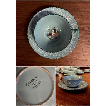 GRANDE SERVIZIO Tè Caffè 12pers. Molaroni MG Pesaro DECORO FLOREALE AZZURRO '900