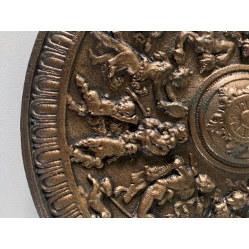 ANTICO PICCOLO PIATTO DECORATIVO BRONZO BASSORILIEVO FIGURE MITOLOGICHE ø 16 cm