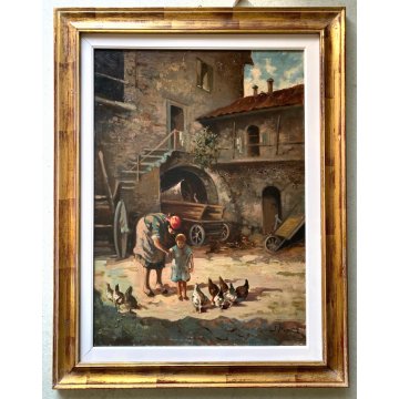 ANTICO QUADRO OLIO Silvio Poma SCENA di GENERE CORTILE AIA CONTADINA BIMBA 900