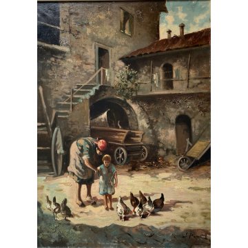 ANTICO QUADRO OLIO Silvio Poma SCENA di GENERE CORTILE AIA CONTADINA BIMBA 900