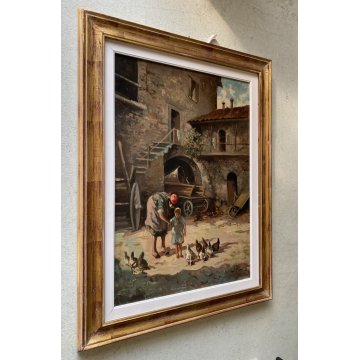 ANTICO QUADRO OLIO Silvio Poma SCENA di GENERE CORTILE AIA CONTADINA BIMBA 900