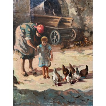 ANTICO QUADRO OLIO Silvio Poma SCENA di GENERE CORTILE AIA CONTADINA BIMBA 900