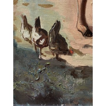 ANTICO QUADRO OLIO Silvio Poma SCENA di GENERE CORTILE AIA CONTADINA BIMBA 900
