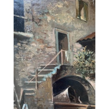 ANTICO QUADRO OLIO Silvio Poma SCENA di GENERE CORTILE AIA CONTADINA BIMBA 900