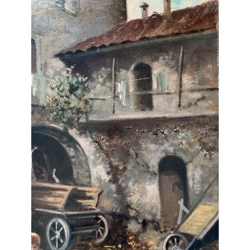 ANTICO QUADRO OLIO Silvio Poma SCENA di GENERE CORTILE AIA CONTADINA BIMBA 900