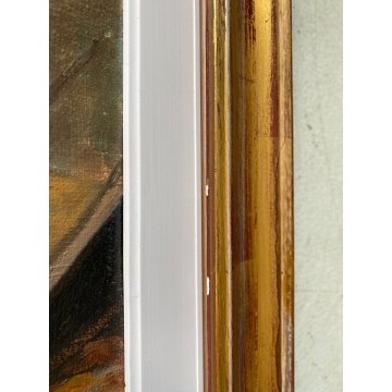 ANTICO QUADRO OLIO Silvio Poma SCENA di GENERE CORTILE AIA CONTADINA BIMBA 900