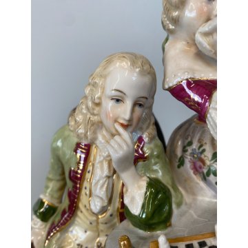 SCULTURA PORCELLANA POLICROMA GRUPPO GIOCO degli SCACCHI DRESDA MEISSEN '900
