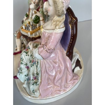 SCULTURA PORCELLANA POLICROMA GRUPPO GIOCO degli SCACCHI DRESDA MEISSEN '900