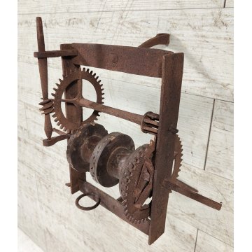 ANTICO Girarrosto MECCANICO da CAMINO epoca 1700 FERRO BATTUTO Strumento a Peso
