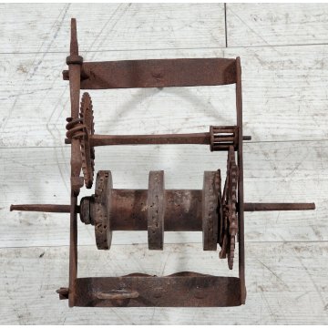 ANTICO Girarrosto MECCANICO da CAMINO epoca 1700 FERRO BATTUTO Strumento a Peso
