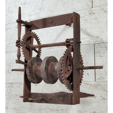 ANTICO Girarrosto MECCANICO da CAMINO epoca 1700 FERRO BATTUTO Strumento a Peso