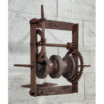 ANTICO Girarrosto MECCANICO da CAMINO epoca 1700 FERRO BATTUTO Strumento a Peso