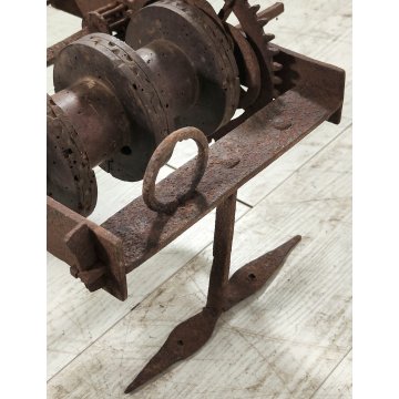 ANTICO Girarrosto MECCANICO da CAMINO epoca 1700 FERRO BATTUTO Strumento a Peso