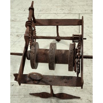 ANTICO Girarrosto MECCANICO da CAMINO epoca 1700 FERRO BATTUTO Strumento a Peso