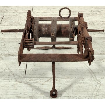 ANTICO Girarrosto MECCANICO da CAMINO epoca 1700 FERRO BATTUTO Strumento a Peso