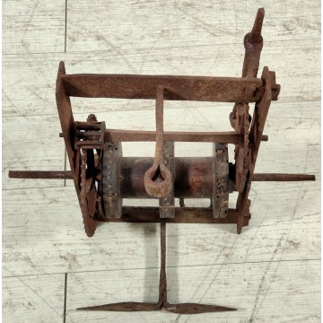 ANTICO Girarrosto MECCANICO da CAMINO epoca 1700 FERRO BATTUTO Strumento a Peso