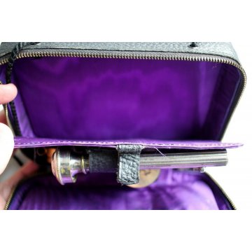 ANTICO SET PORTA VIATICO CAPPELLANO MILITARE PELLE NERA INTERNO VIOLA RELIGIOSO