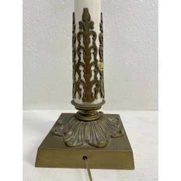 ANTICA BASE LAMPADA da TAVOLO COLONNA METALLO BIANCO OTTONE STILE IMPERO '900