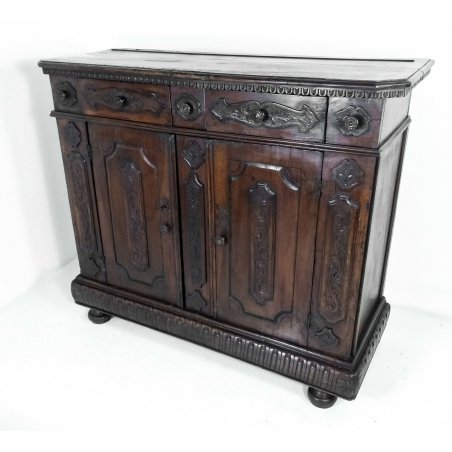 ANTICA CREDENZA VALDOSTANA LEGNO NOCE PATINA ORIGINALE SETTECENTO EPOCA 1700