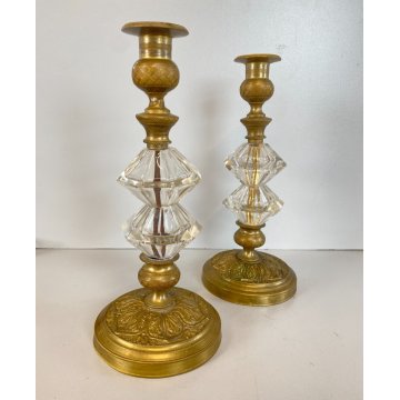 ANTICA COPPIA CANDELIERE VINTAGE VETRO OTTONE BRASS GLASS 26,5 cm/h  DECO' '900