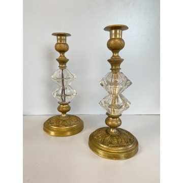 ANTICA COPPIA CANDELIERE VINTAGE VETRO OTTONE BRASS GLASS 26,5 cm/h  DECO' '900