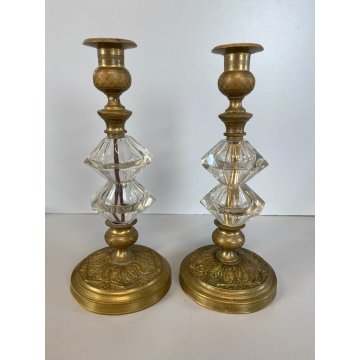 ANTICA COPPIA CANDELIERE VINTAGE VETRO OTTONE BRASS GLASS 26,5 cm/h  DECO' '900