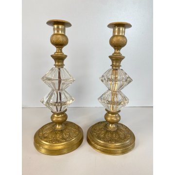 ANTICA COPPIA CANDELIERE VINTAGE VETRO OTTONE BRASS GLASS 26,5 cm/h  DECO' '900