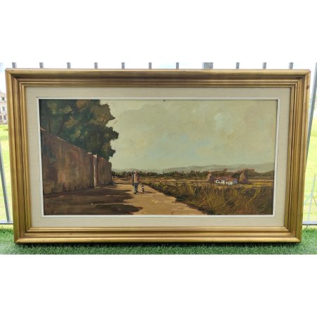 GRANDE QUADRO DIPINTO OLIO TAVOLA Bruno Livori PAESAGGIO CAMPAGNA Cacciatore dog
