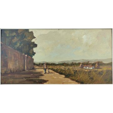 GRANDE QUADRO DIPINTO OLIO TAVOLA Bruno Livori PAESAGGIO CAMPAGNA Cacciatore dog