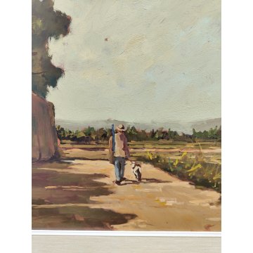 GRANDE QUADRO DIPINTO OLIO TAVOLA Bruno Livori PAESAGGIO CAMPAGNA Cacciatore dog
