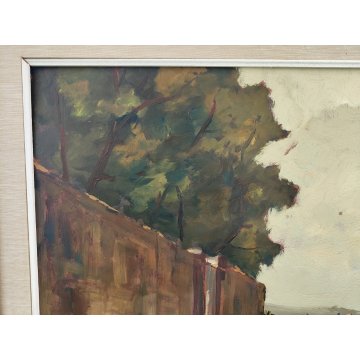 GRANDE QUADRO DIPINTO OLIO TAVOLA Bruno Livori PAESAGGIO CAMPAGNA Cacciatore dog