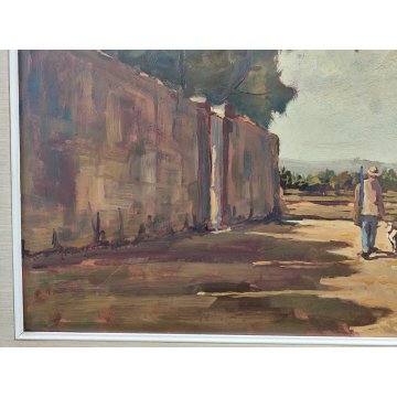 GRANDE QUADRO DIPINTO OLIO TAVOLA Bruno Livori PAESAGGIO CAMPAGNA Cacciatore dog