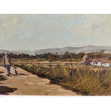 GRANDE QUADRO DIPINTO OLIO TAVOLA Bruno Livori PAESAGGIO CAMPAGNA Cacciatore dog