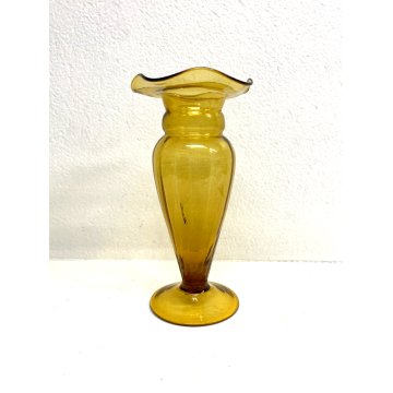 VASO VETRO Murano STILE Vittorio Zecchin AMBRA COSTOLATO BOCCA ONDULATA 24cm/h
