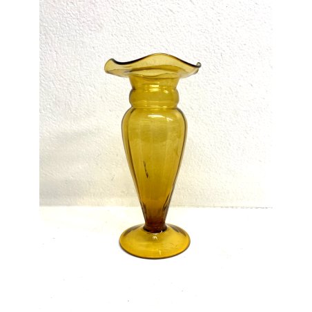 VASO VETRO Murano STILE Vittorio Zecchin AMBRA COSTOLATO BOCCA ONDULATA 24cm/h