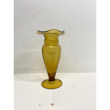 VASO VETRO Murano STILE Vittorio Zecchin AMBRA COSTOLATO BOCCA ONDULATA 24cm/h
