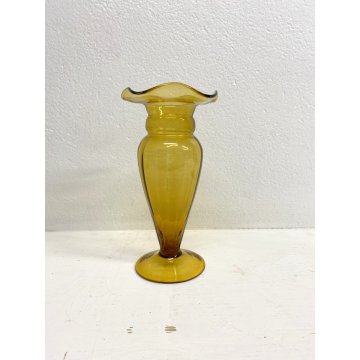 VASO VETRO Murano STILE Vittorio Zecchin AMBRA COSTOLATO BOCCA ONDULATA 24cm/h
