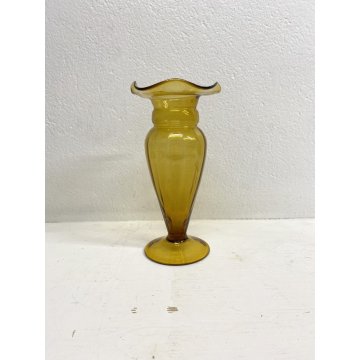 VASO VETRO Murano STILE Vittorio Zecchin AMBRA COSTOLATO BOCCA ONDULATA 24cm/h
