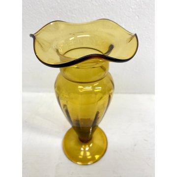 VASO VETRO Murano STILE Vittorio Zecchin AMBRA COSTOLATO BOCCA ONDULATA 24cm/h
