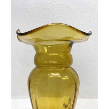 VASO VETRO Murano STILE Vittorio Zecchin AMBRA COSTOLATO BOCCA ONDULATA 24cm/h