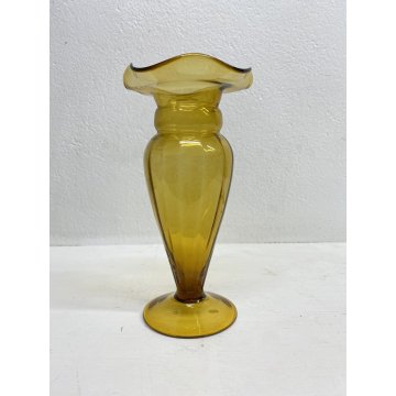 VASO VETRO Murano STILE Vittorio Zecchin AMBRA COSTOLATO BOCCA ONDULATA 24cm/h