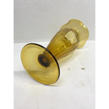 VASO VETRO Murano STILE Vittorio Zecchin AMBRA COSTOLATO BOCCA ONDULATA 24cm/h