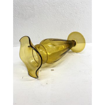 VASO VETRO Murano STILE Vittorio Zecchin AMBRA COSTOLATO BOCCA ONDULATA 24cm/h