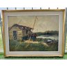 QUADRO DIPINTO OLIO TAVOLA Bruno Livori PAESAGGIO LACUSTRE pescatori TRABUCCO