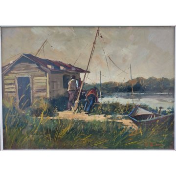QUADRO DIPINTO OLIO TAVOLA Bruno Livori PAESAGGIO LACUSTRE pescatori TRABUCCO