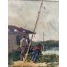 QUADRO DIPINTO OLIO TAVOLA Bruno Livori PAESAGGIO LACUSTRE pescatori TRABUCCO